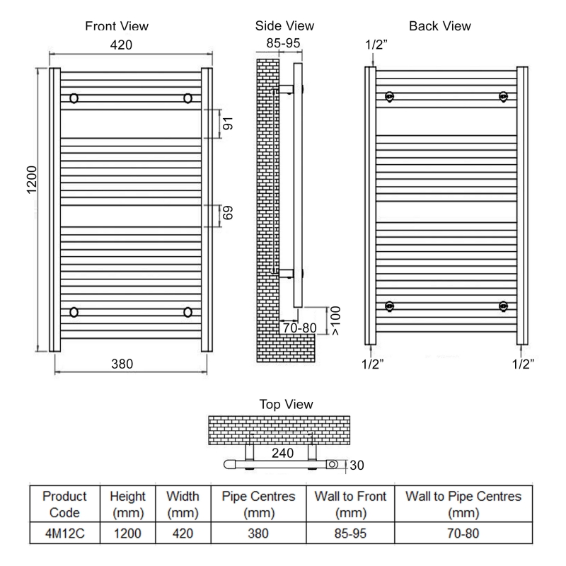 Ultraheat Chelmsford Straight Heated Towel Rail 1200mm H x 420mm W - Chrome