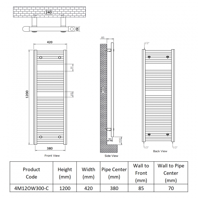 Ultraheat Chelmsford Thermostatic Electric Towel Rail 1200mm H x 420mm W - Chrome  | Dimension Image