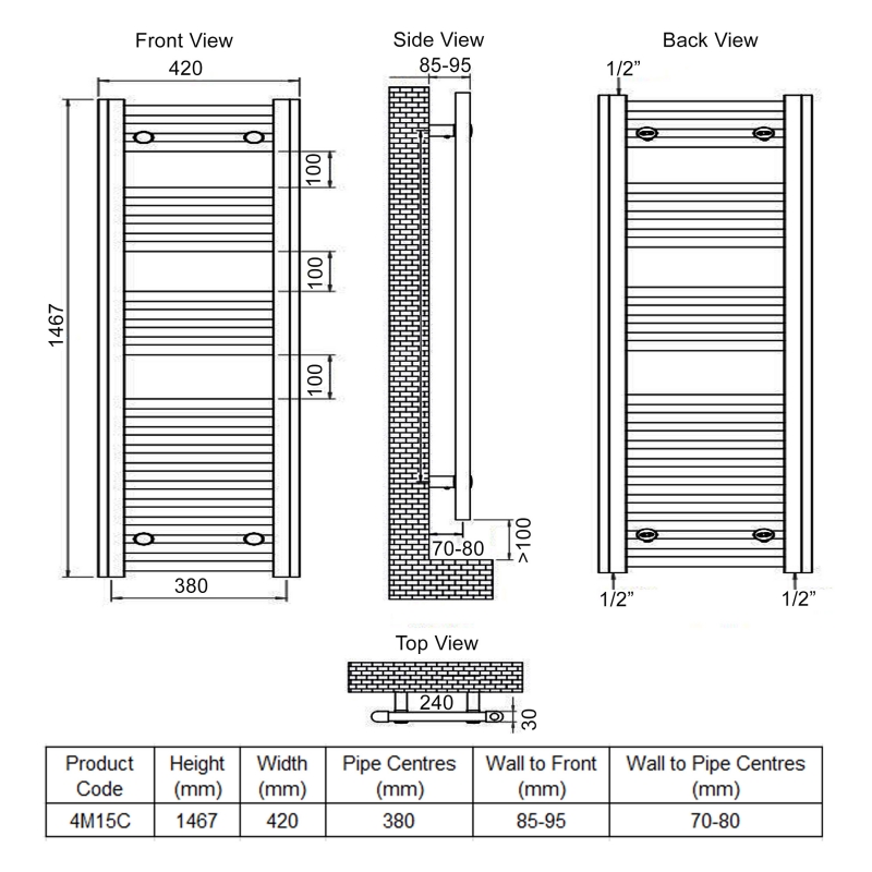 Ultraheat Chelmsford Straight Heated Towel Rail 1467mm H x 420mm W - Chrome