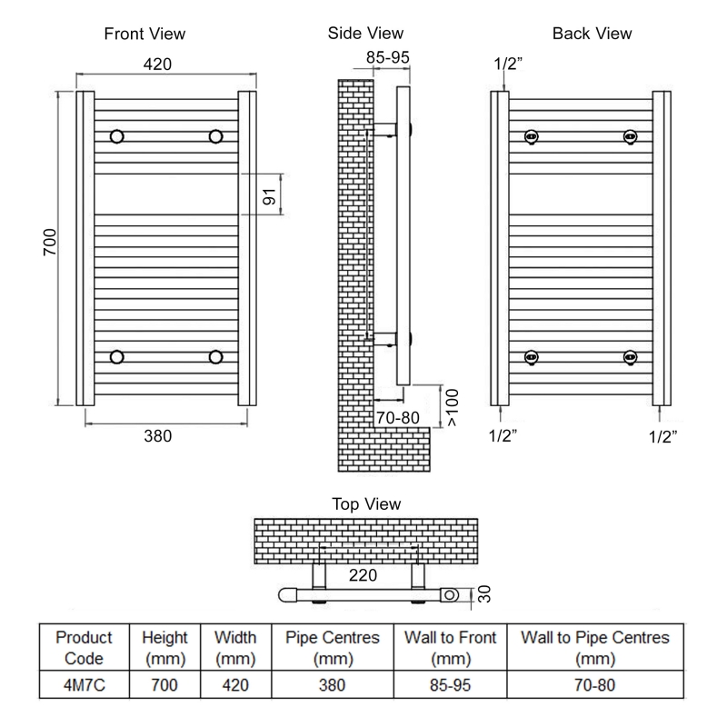 Ultraheat Chelmsford Straight Heated Towel Rail 700mm H x 420mm W - Chrome