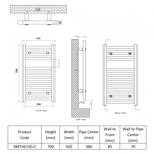 Ultraheat Chelmsford Electric Towel Rail 700mm H x 420mm W - Chrome  | Dimension Image