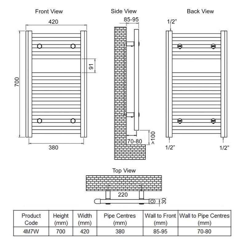 Ultraheat Chelmsford Straight Heated Towel Rail 700mm H x 420mm W - White  | Dimension Image