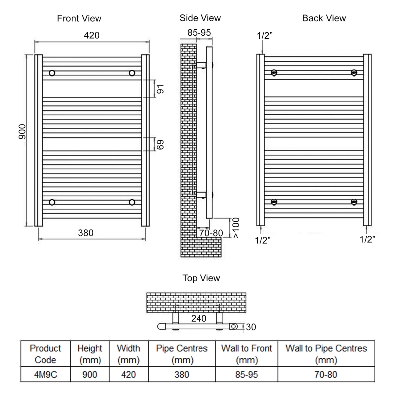 Ultraheat Chelmsford Straight Heated Towel Rail 900mm H x 420mm W - Chrome