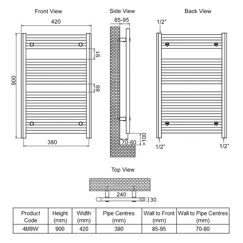 Ultraheat Chelmsford Straight Heated Towel Rail 900mm H x 420mm W - White