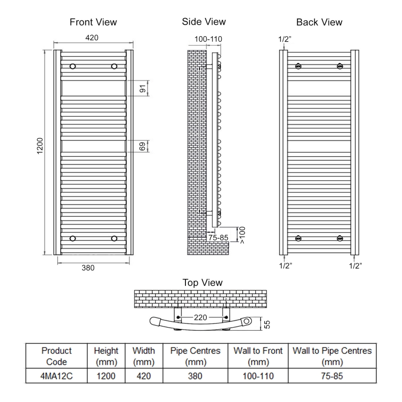 Ultraheat Chelmsford Curved Heated Towel Rail 1200mm H x 420mm W - Chrome