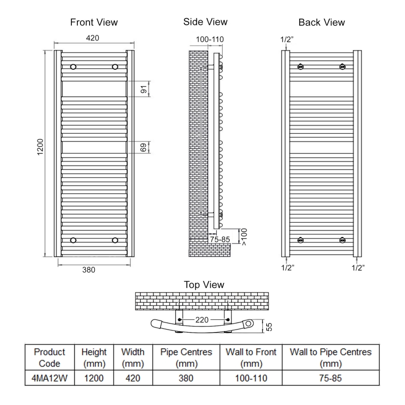 Ultraheat Chelmsford Curved Heated Towel Rail 1200mm H x 420mm W - White