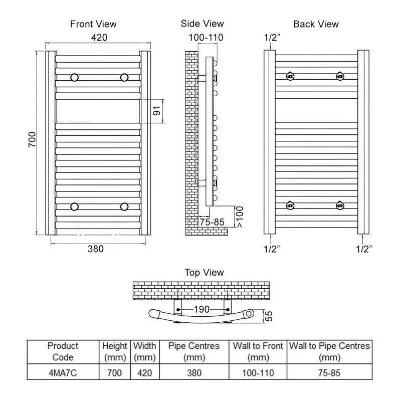 Ultraheat Chelmsford Curved Heated Towel Rail 700mm H x 420mm W - Chrome