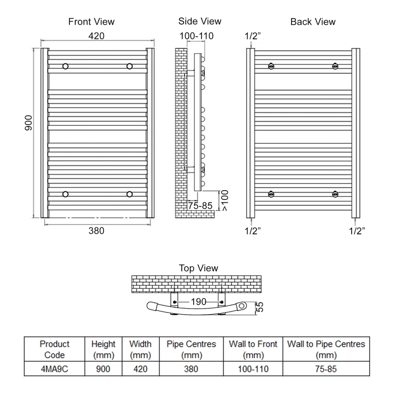Ultraheat Chelmsford Curved Heated Towel Rail 900mm H x 420mm W - Chrome  | Dimension Image