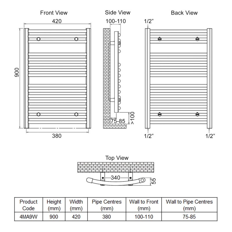 Ultraheat Chelmsford Curved Heated Towel Rail 900mm H x 420mm W - White