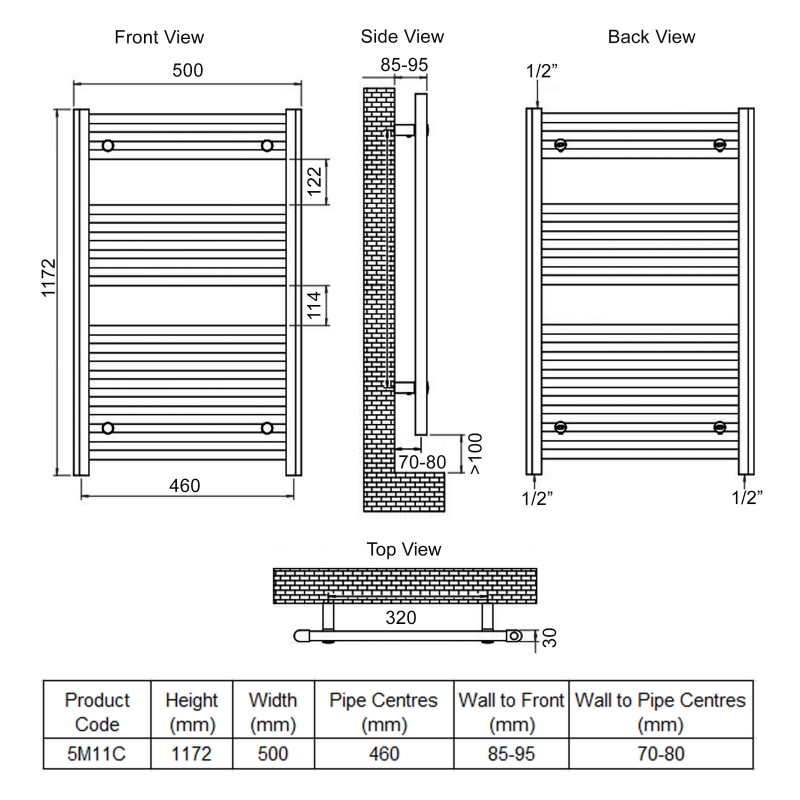 Ultraheat Chelmsford Straight Heated Towel Rail 1172mm H x 500mm W - Chrome
