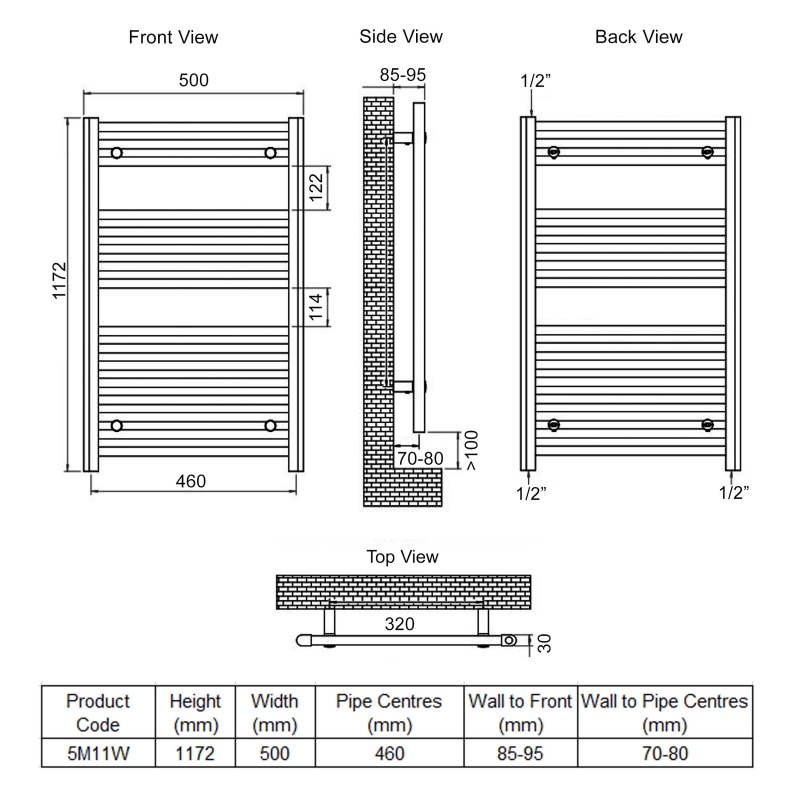 Ultraheat Chelmsford Straight Heated Towel Rail 1172mm H x 500mm W - White