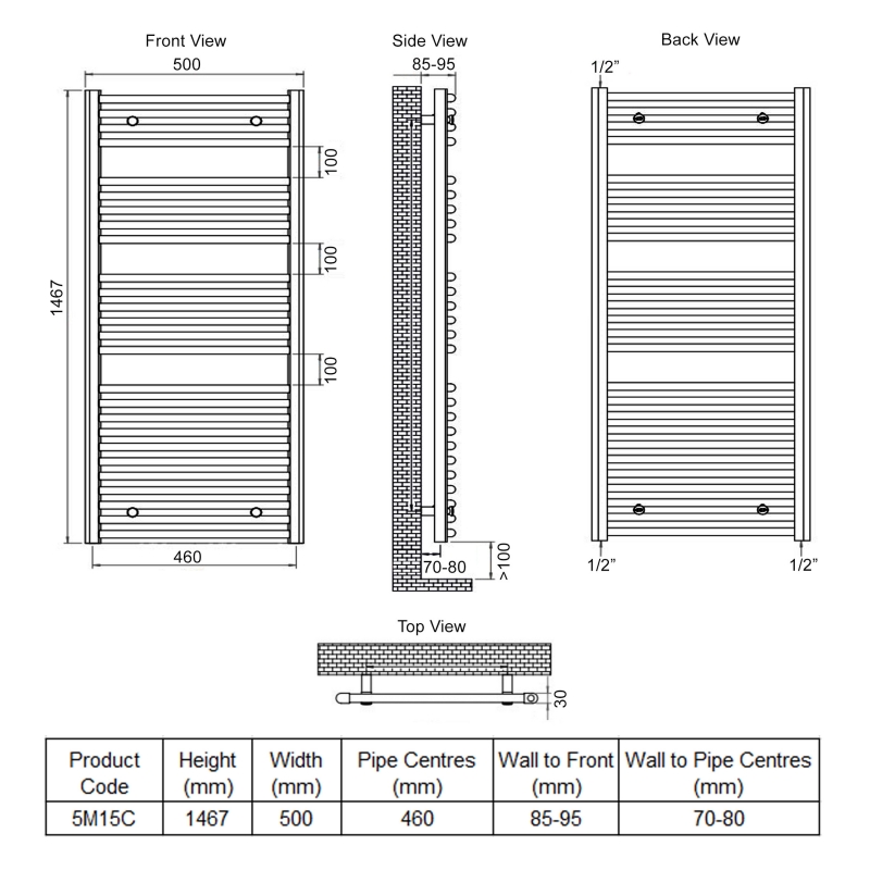 Ultraheat Chelmsford Straight Heated Towel Rail 1467mm H x 500mm W - Chrome
