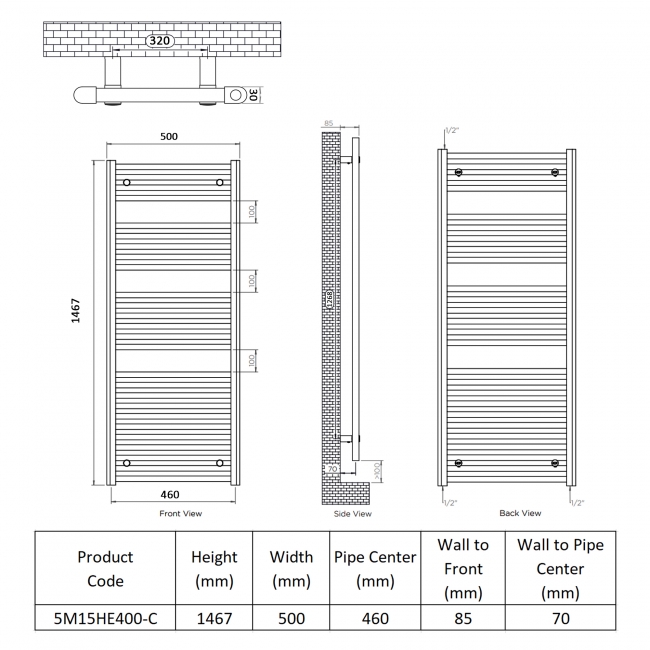 Ultraheat Chelmsford Electric Towel Rail 1467mm H x 500mm W - Chrome  | Dimension Image