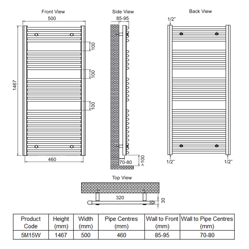 Ultraheat Chelmsford Straight Heated Towel Rail 1467mm H x 500mm W - White