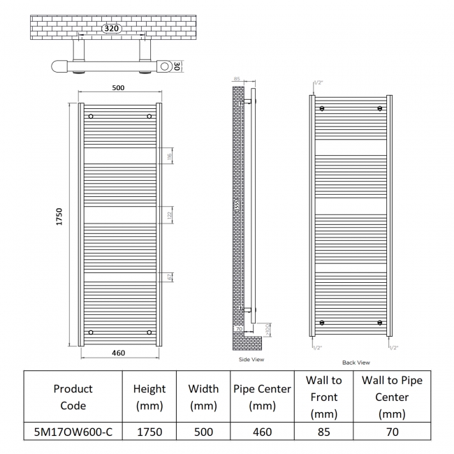 Ultraheat Chelmsford Thermostatic Electric Towel Rail 1750mm H x 500mm W - Chrome  | Dimension Image