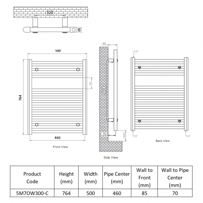 Ultraheat Chelmsford Thermostatic Electric Towel Rail 764mm H x 500mm W - Chrome  | Dimension Image