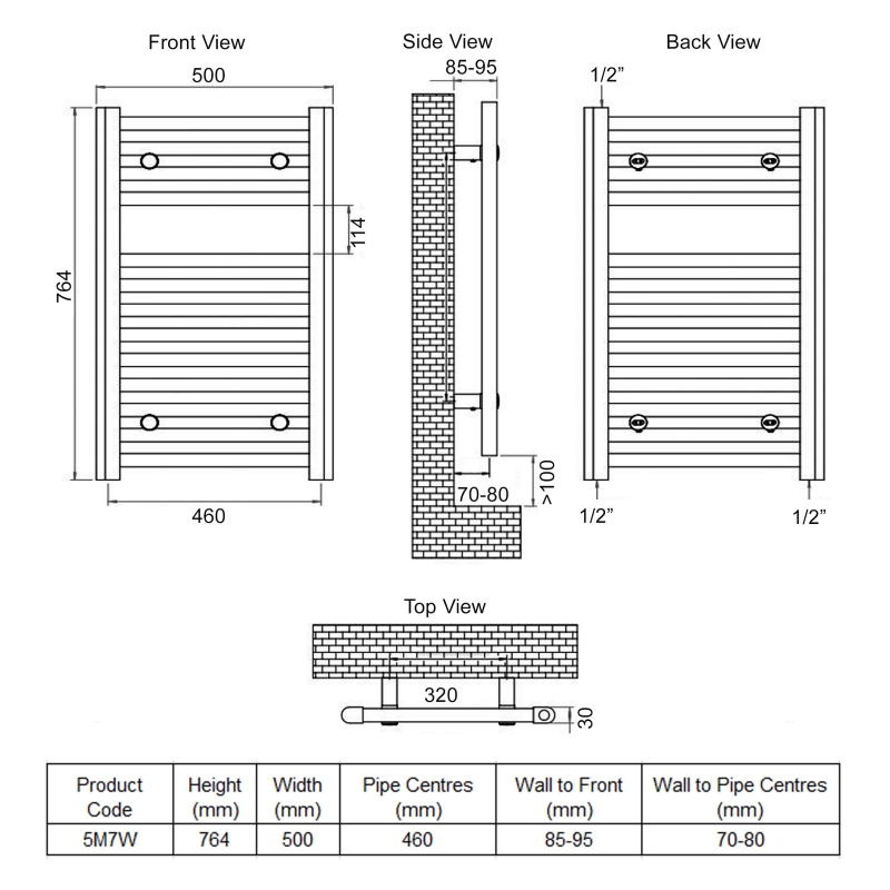 Ultraheat Chelmsford Straight Heated Towel Rail 764mm H x 500mm W - White