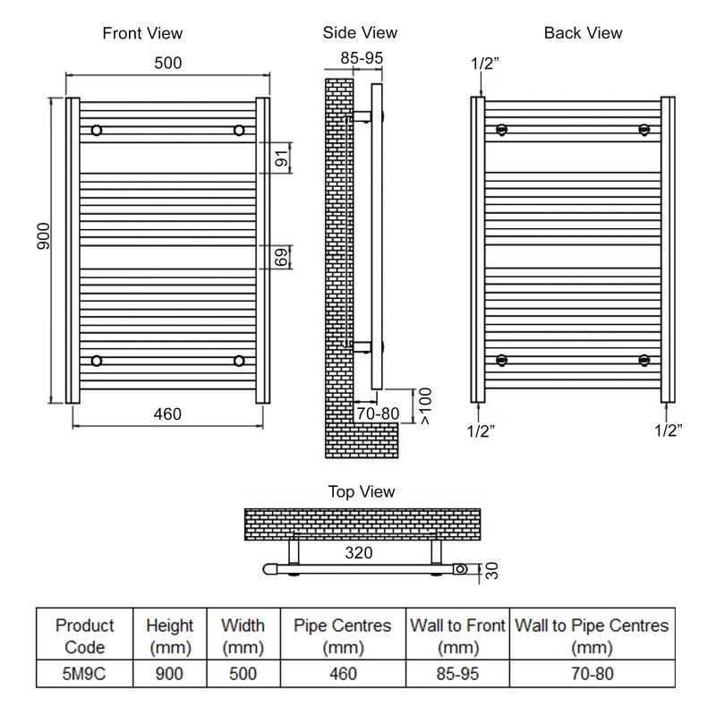 Ultraheat Chelmsford Straight Heated Towel Rail 900mm H x 500mm W - Chrome