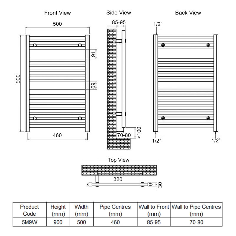 Ultraheat Chelmsford Straight Heated Towel Rail 900mm H x 500mm W - White