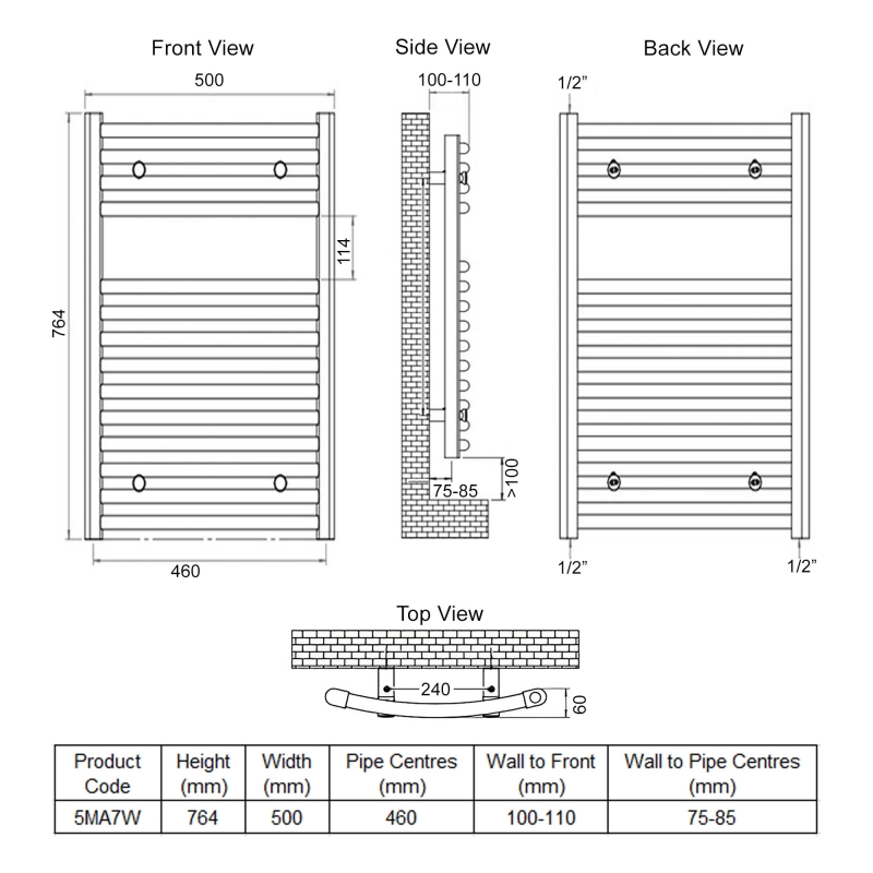 Ultraheat Chelmsford Curved Heated Towel Rail 764mm H x 500mm W - White