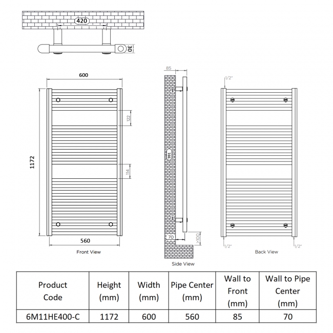 Ultraheat Chelmsford Electric Towel Rail 1172mm H x 600mm W - Chrome  | Dimension Image