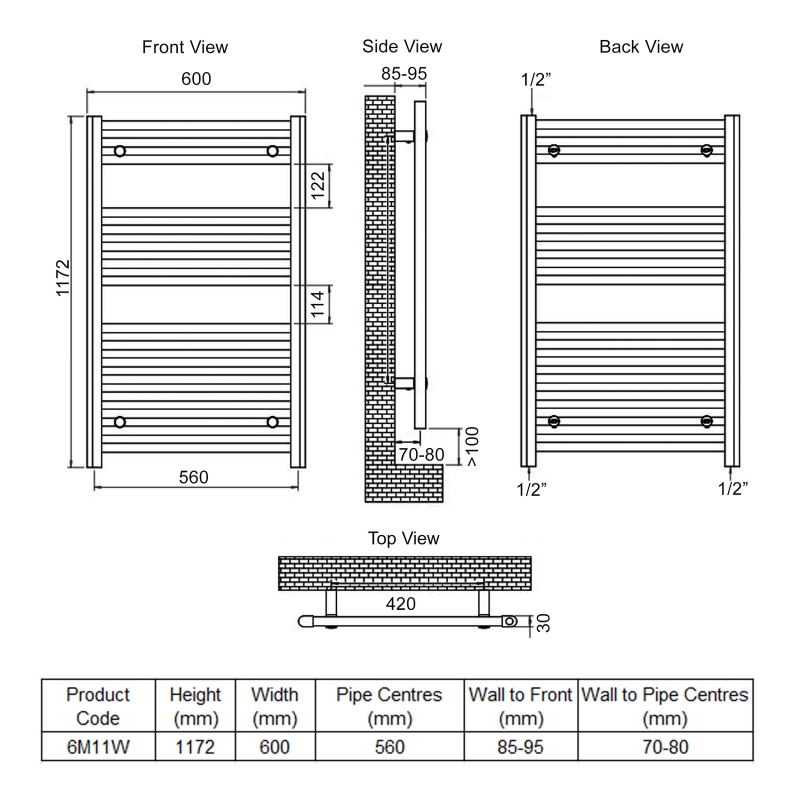Ultraheat Chelmsford Straight Heated Towel Rail 1172mm H x 600mm W - White