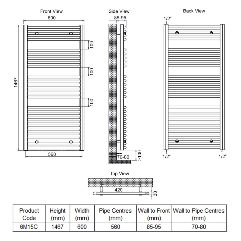Ultraheat Chelmsford Straight Heated Towel Rail 1467mm H x 600mm W - Chrome  | Dimension Image