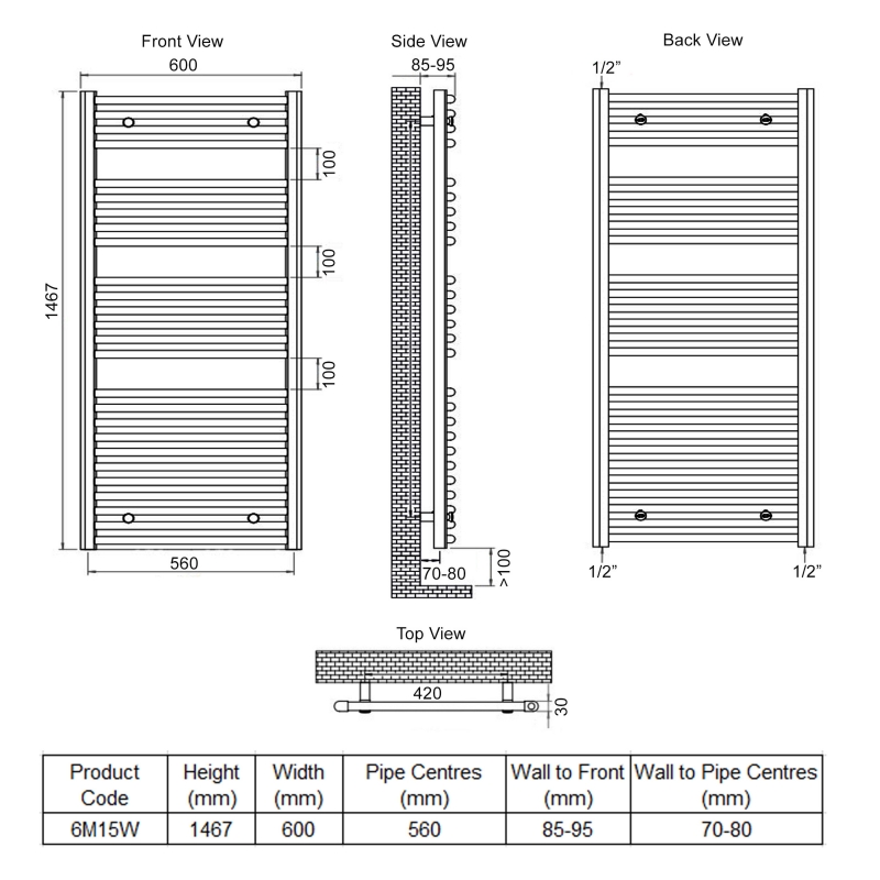 Ultraheat Chelmsford Straight Heated Towel Rail 1467mm H x 600mm W - White