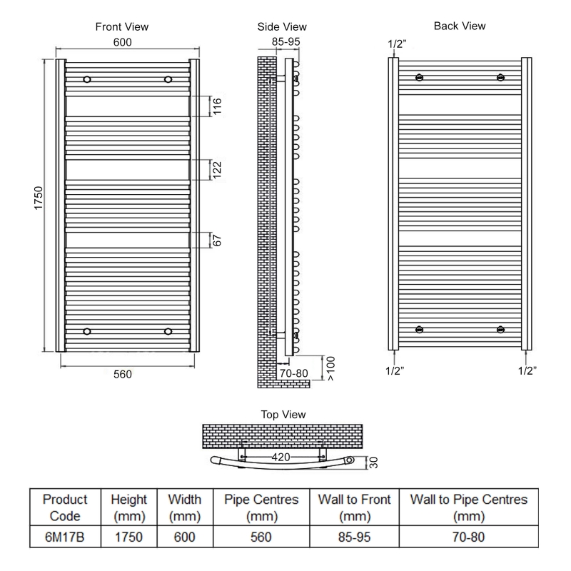 Ultraheat Chelmsford Straight Heated Towel Rail 1750mm H x 600mm W - Black