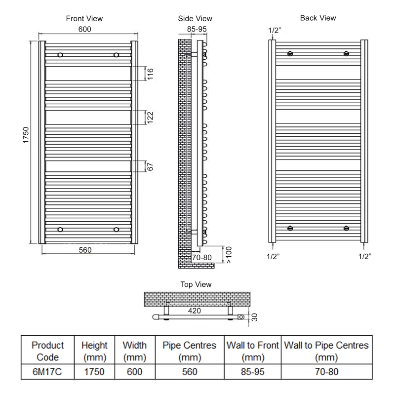 Ultraheat Chelmsford Straight Heated Towel Rail 1750mm H x 600mm W - Chrome