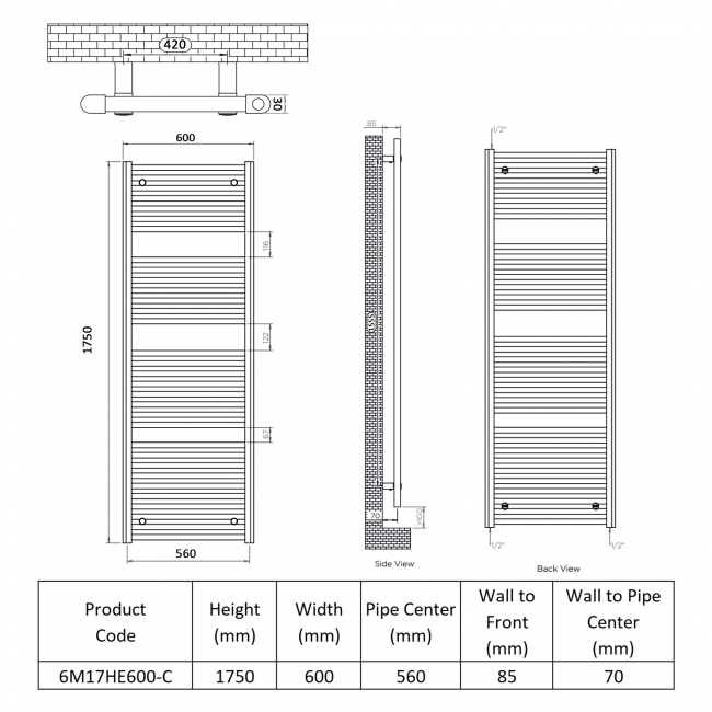 Ultraheat Chelmsford Electric Towel Rail 1750mm H x 600mm W - Chrome  | Dimension Image