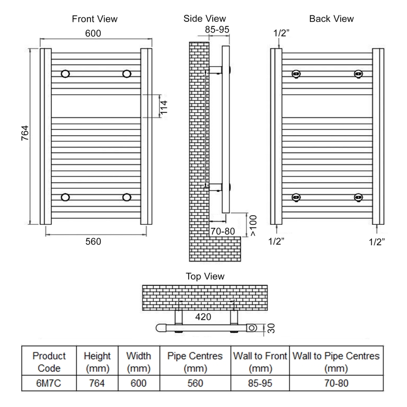 Ultraheat Chelmsford Straight Heated Towel Rail 764mm H x 600mm W - Chrome