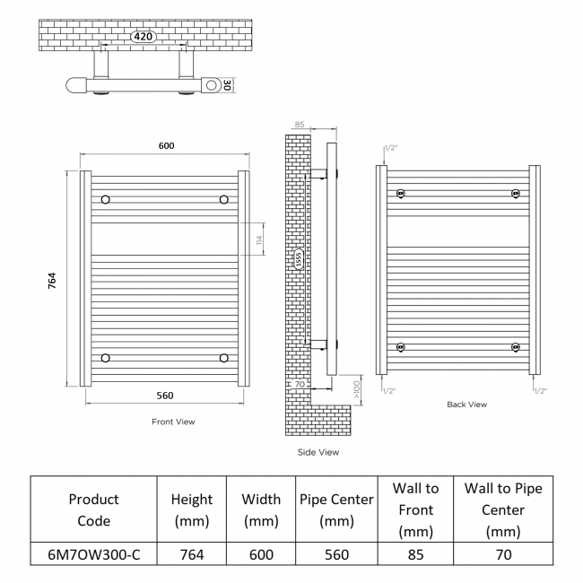 Ultraheat Chelmsford Thermostatic Electric Towel Rail 764mm H x 600mm W - Chrome  | Dimension Image