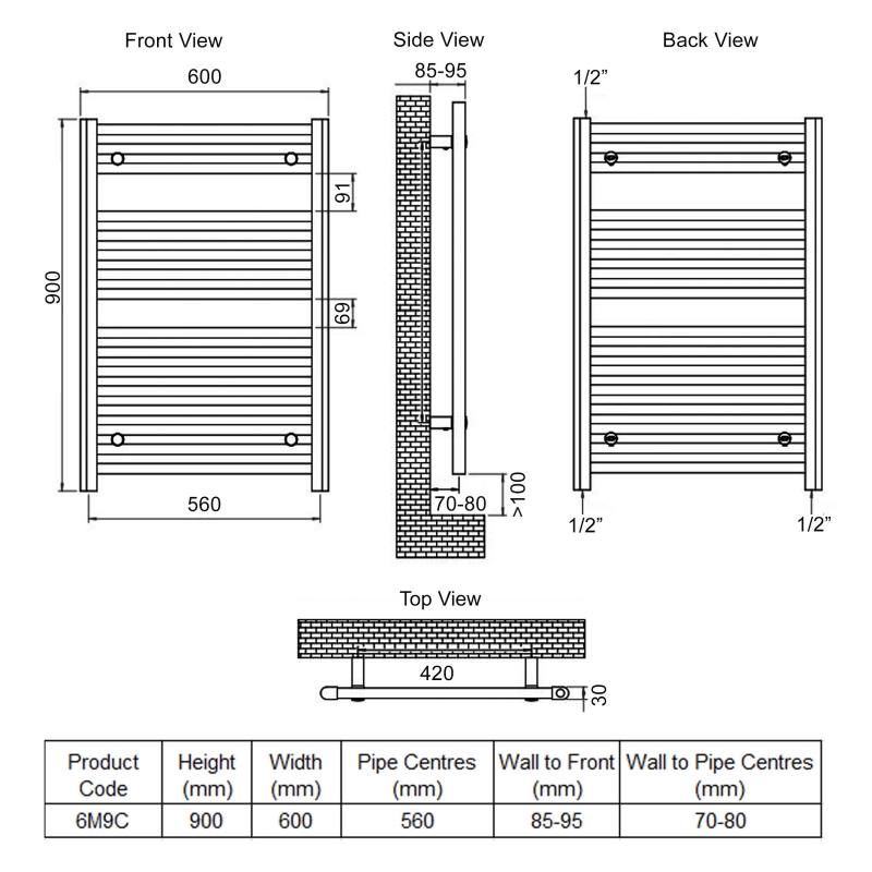 Ultraheat Chelmsford Straight Heated Towel Rail 900mm H x 600mm W - Chrome