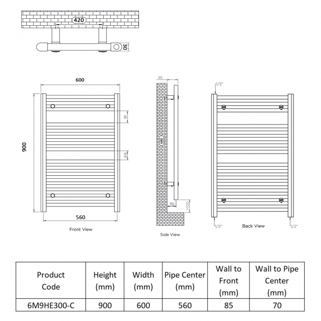 Ultraheat Chelmsford Electric Towel Rail 900mm H x 600mm W - Chrome  | Dimension Image