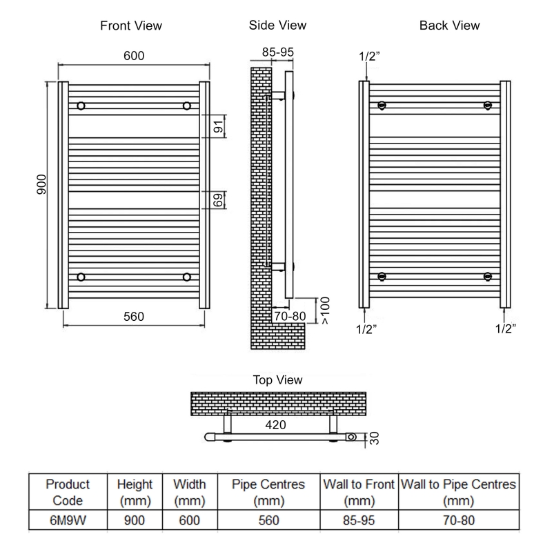 Ultraheat Chelmsford Straight Heated Towel Rail 900mm H x 600mm W - White