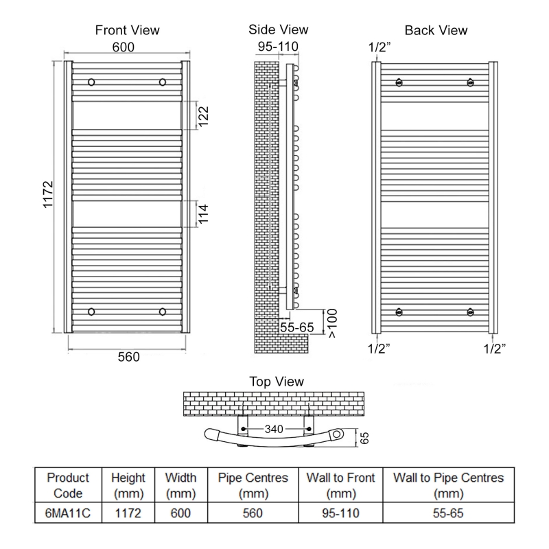 Ultraheat Chelmsford Curved Heated Towel Rail 1172mm H x 600mm W - Chrome