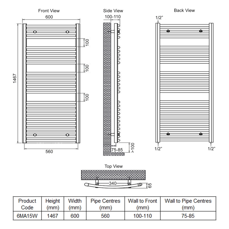 Ultraheat Chelmsford Curved Heated Towel Rail 1467mm H x 600mm W - White