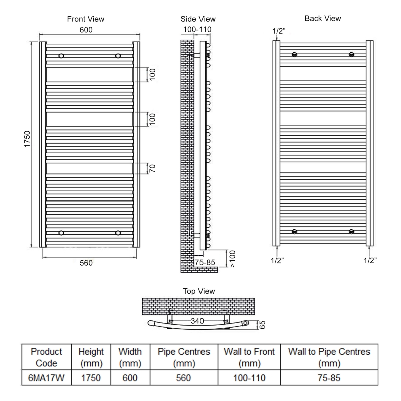 Ultraheat Chelmsford Curved Heated Towel Rail 1750mm H x 600mm W - White