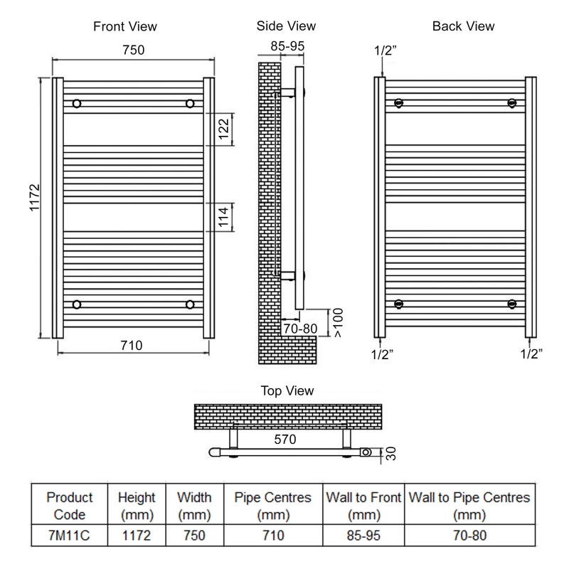 Ultraheat Chelmsford Straight Heated Towel Rail 1172mm H x 750mm W - Chrome  | Dimension Image