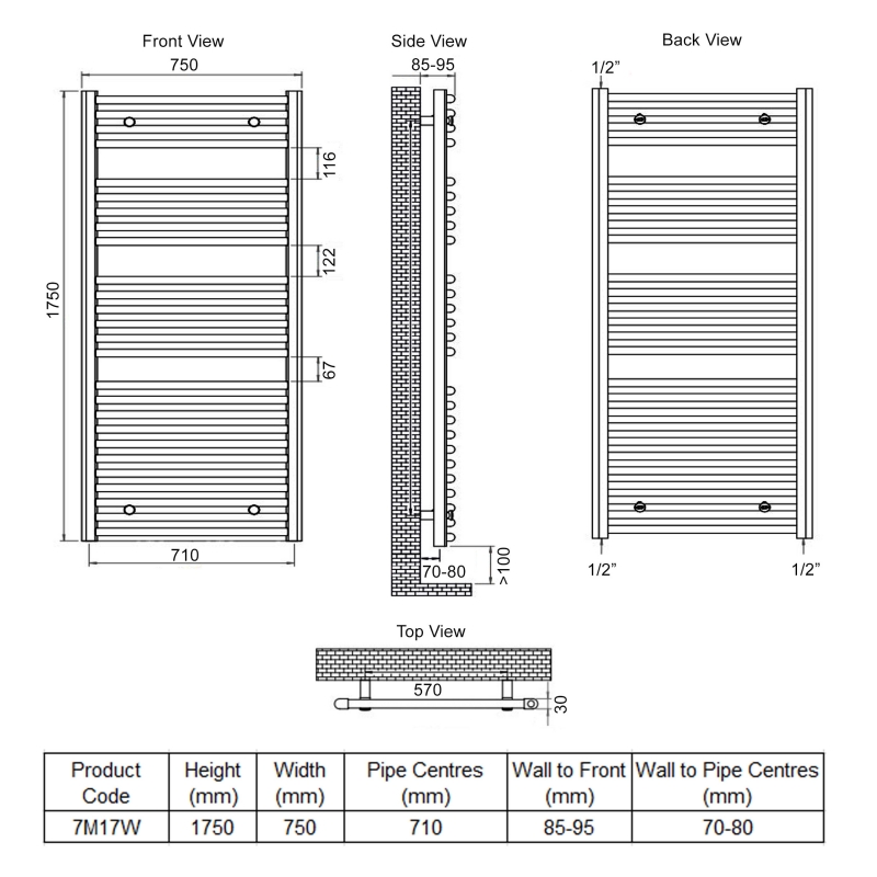 Ultraheat Chelmsford Straight Heated Towel Rail 1750mm H x 750mm W - White