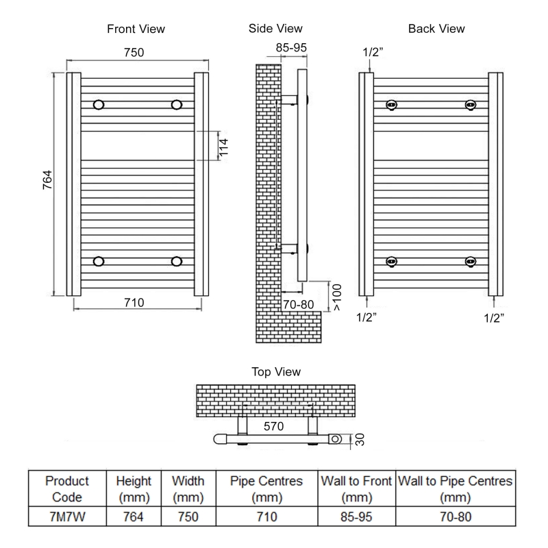 Ultraheat Chelmsford Straight Heated Towel Rail 764mm H x 750mm W - White
