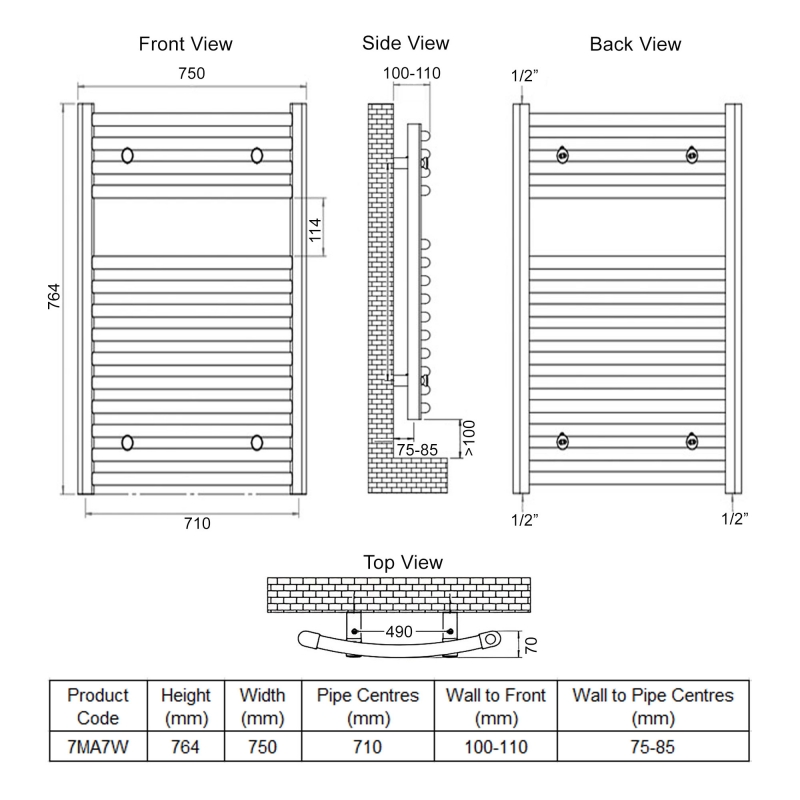 Ultraheat Chelmsford Curved Heated Towel Rail 764mm H x 750mm W - White