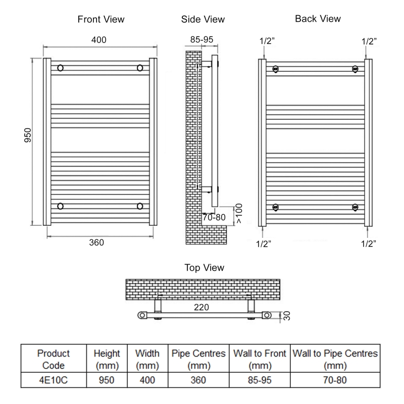 Ultraheat Eco-Rail Straight Heated Towel Rail 950mm H x 400mm W - Chrome