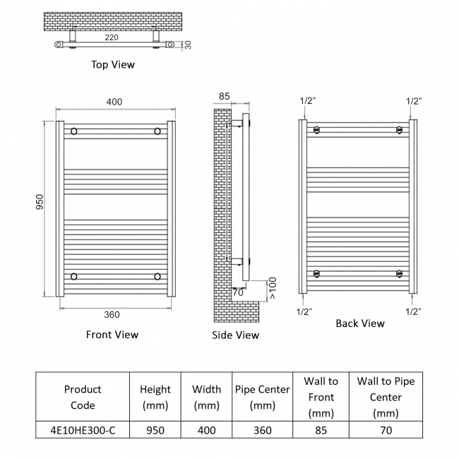 Ultraheat Eco-Rail Electric Towel Rail 950mm H x 400mm W - Chrome  | Dimension Image