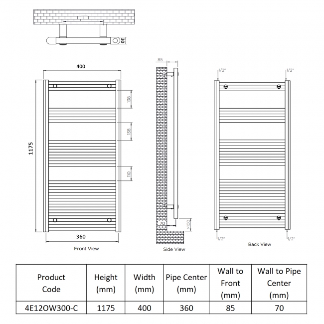Ultraheat Eco-Rail Thermostatic Electric Towel Rail 1175mm H x 400mm W - Chrome  | Dimension Image