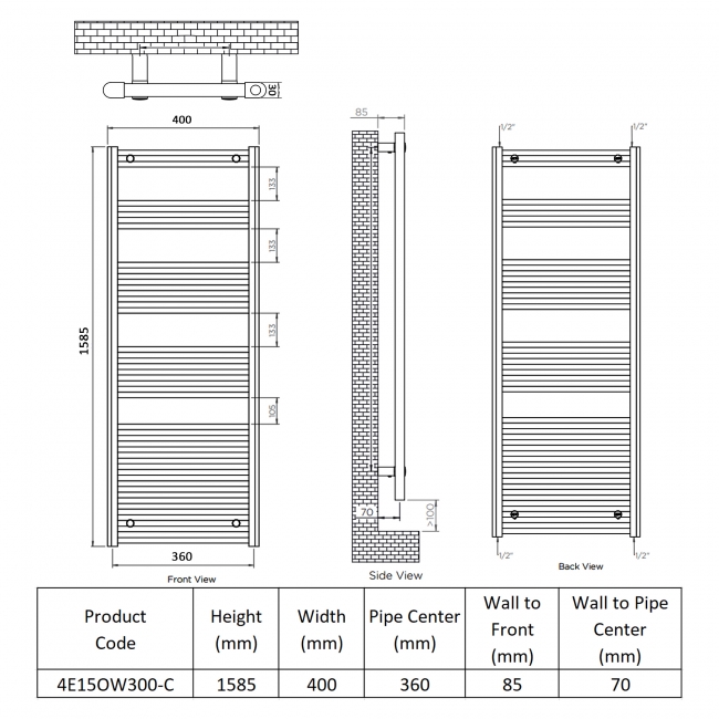 Ultraheat Eco-Rail Thermostatic Electric Towel Rail 1585mm H x 400mm W - Chrome  | Dimension Image