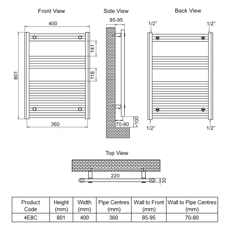 Ultraheat Eco-Rail Straight Heated Towel Rail 801mm H x 400mm W - Chrome
