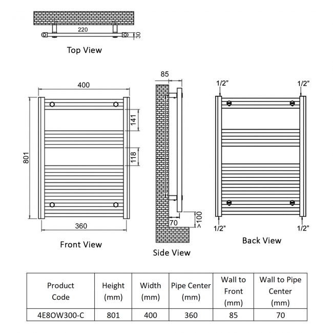 Ultraheat Eco-Rail Thermostatic Electric Towel Rail 801mm H x 400mm W - Chrome  | Dimension Image