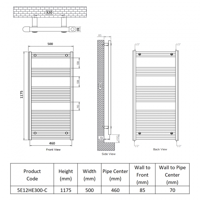 Ultraheat Eco-Rail Electric Towel Rail 1175mm H x 500mm W - Chrome  | Dimension Image